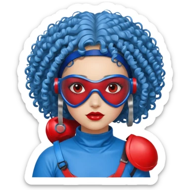 blue curly haired girl with huge earrings, wearing red paintball helmet and eye protection, only face  sticker
