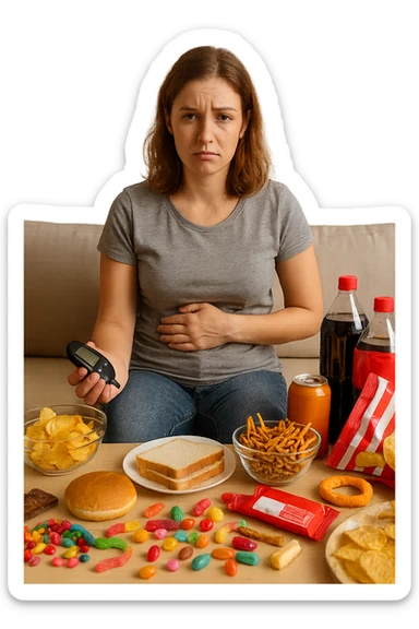 Donna tra i 25 e i 35 anni seduta sul divano o a un tavolo disordinato, circondata da cibi sparsi e poco sani: patatine, dolci, pane bianco, snack confezionati, bibite. con insulino resistenza sticker