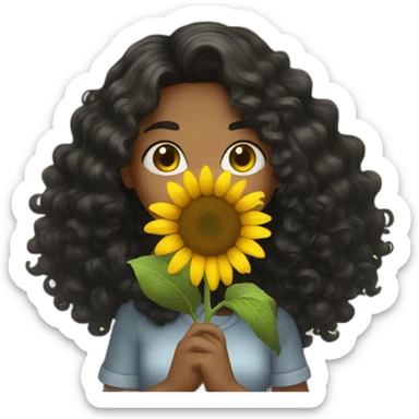 Long black Curly hair Girl holding sunflower sticker
