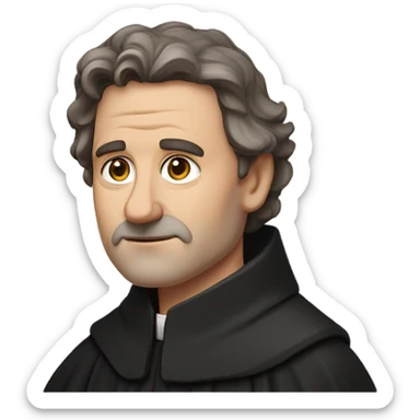 "An middle aged man with brown hair, a weathered face, and a solemn expression. He wears a black robe with a clerical collar and holds a Bible or rosary, standing in a modest church." sticker