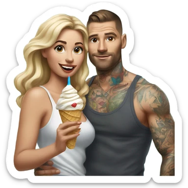 Hyper Realistic beautiful woman in the arms of a very handsome tattooed man eating ice cream  sticker