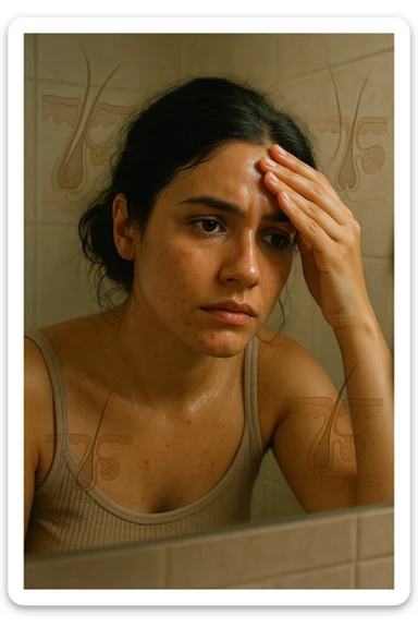 A realistic, cinematic portrait of a young woman in her late 20s with medium skin tone, sitting in front of a mirror in a softly lit bathroom. Her facial skin appears oily with a noticeable shine on her forehead, nose, and cheeks due to overactive sebaceous glands caused by PCOS. Small acne spots are visible along her jawline and chin, highlighting hormonal imbalance. She gently touches her forehead with her fingertips, checking the oiliness with a slightly concerned expression. Her dark hair is tied loosely, showing a few strands sticking to the sides of her face because of excess sebum. Subtle overlays of scientific diagrams of sebaceous glands can be softly blended into the background, symbolizing the overproduction of sebum. The atmosphere is clean and realistic, with warm daylight tones and a soft depth of field, ensuring emotional connection while maintaining medical educational value. 35mm film style, highly detailed skin texture and reflections on the oily areas for a hyperrealistic effect in italiano sticker