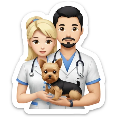 Blonde nurse and tDark haired Korean Asian handsome muscular man with black pointy hair full goatee.   Holding one blonde yorkie.  sticker