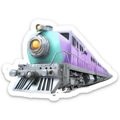 Realistic pastel colors and metallic silver train with diamonds and rhinestones placed on train tracks on top of snow isolated sticker