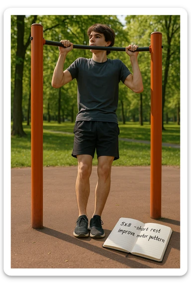 Giovane principiante dello streetlifting in un parco, fisico ancora asciutto, esegue lunghe serie di trazioni senza peso, con tecnica controllata. A terra, un taccuino con scritto '5x8 - riposo breve - migliorare schema motorio'. Espressione concentrata. Luce naturale, atmosfera educativa, senso di costruzione progressiva. sticker
