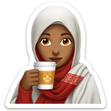Girl wearing kashmiri shawl red and drinking coffee sticker