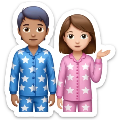 Brown haired boy with blue pajamas with stars on them and a brown haired girl with pink pajamas, and stars on them sticker