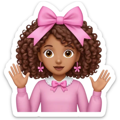 brown girl with brown curly hair and bows in her hair waving wearing pink sticker
