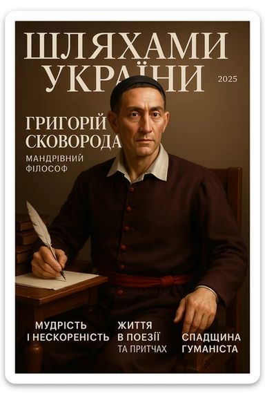Create a glamorous, ultra-realistic magazine cover titled "Шляхами України".
The cover features Princess Olga from the downloaded image.
The cover design should be bright with elegant typography.
Add the title: "Григорій Сковорода", the subtitle: "Мандрівний філософ", and the release date: "2025".
Include additional subheadings and a well-thought-out layout.
Premium lighting, dramatic shadows, rich colour correction, glossy paper texture, minimalist background, focus on the character and typography in the spirit of glossy publications. sticker