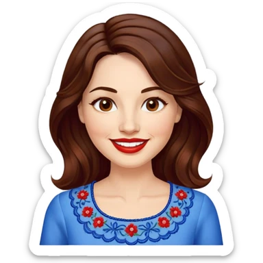 40-year-old woman with luminous fair skin, round face, wide smile, large light brown eyes, vibrant red lips, shoulder-length dark brown wavy hair, wearing white blouse with blue embroidery and electric blue neckline, mature but youthful appearance sticker