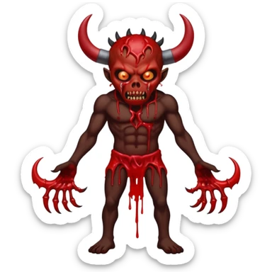 A demon covered in blood and guts whose been shot in the head and body, in the style of your bleeding skull art. Dark gritty and menacing art style. full body sticker