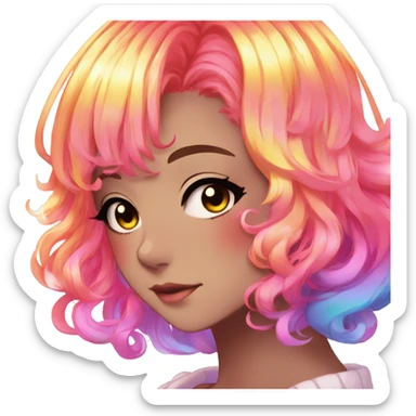 Gorgeous anime style shojo character with blushing face aesthetic and pretty colorful shiny gradient neon rainbow hair with hair garment trending style sticker