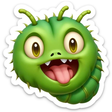 Cinematic Realistic Cute Yawning Caterpillar Portrait Emoji, Head tilted slightly with a dramatic, wide-open yawn, showcasing a soft, downy segmented body in vivid green with subtle drooping and half-closed, drowsy eyes, rendered with intricate natural texture and gentle shadows, high shine, relaxed yet expressive, styled with a dash of woodland charm, soft glowing outline, capturing the essence of a sleepy yet affectionate caterpillar that appears ready to stretch out and rest among the leaves! sticker
