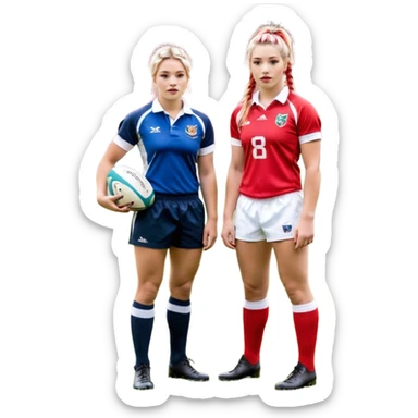 Chica de pelo rubio tirada en el suelo boca abajo agarrando un balón DE RUGBY con las manos vestida con una equipación de color rojo y blanco con líneas, manchada de barro y con unas botas de tacos de fútbol, con un bucal en la boca y el pelo con trenzas, se la tienen que ver las 2 piernas  sticker