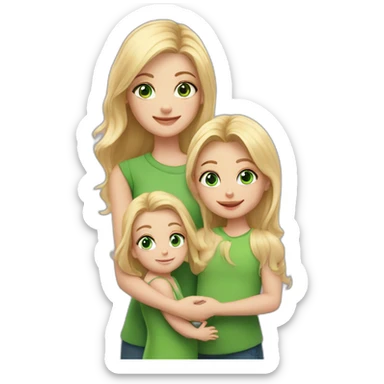 a girl with long blonde hair and green eyes, who is holding 2 babies(1 girl and 1 boy), and a blonde toddler girl is standing nearby sticker