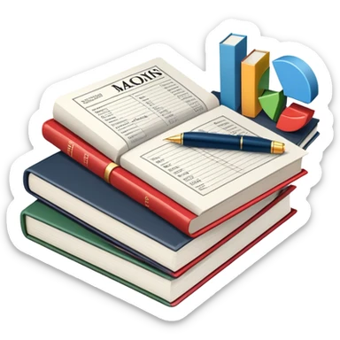 Icon for Business Reading: an open book with graphs, numbers, percentages, formulas, and text on the pages, next to a stack of books, a pile of dollars, a calculator, a pen, and business magazines like Forbes. Transparent background. sticker
