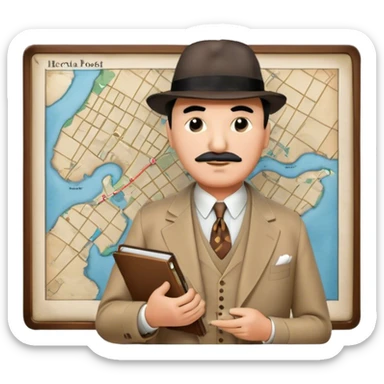 A cinematic-style frame showing Hercule Poirot in his iconic suit with a notebook in a dramatic detective pose. Background should be mysterious city, map, a board with photos of suspects, clues like fingerprints. Transparent background. sticker