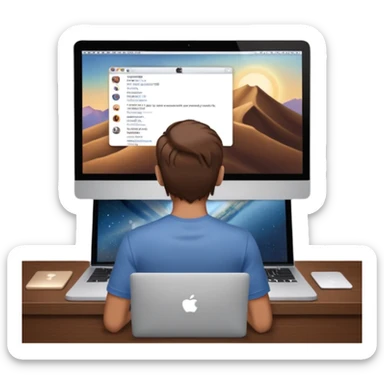 A man seen from behind, with detailed, well-lit hair. He is sitting in front of an open MacBook on a desk. On the MacBook screen, the Instagram logo is clearly visible and glowing.  sticker