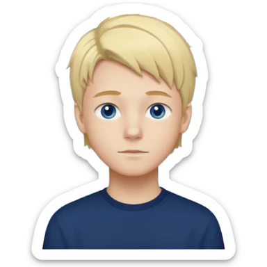 A portrait of a 14-year-old boy, he's got fair blond and yellowish ivy league hair, fair skin and blue eyes. he's wearing a dark blue longsleeve. he's calm. sticker