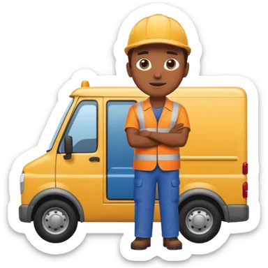 emoji of delivery truck with empty cargo area and a delivery man is standing nearby in waiting pose, dressed in work uniform sticker