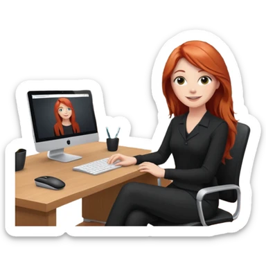 Video call therapy session: red-haired therapist with long hair wearing black minimalist clothing, seated in a professional home office, looking at the webcam; calm, modern teletherapy setting sticker