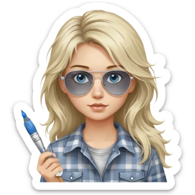girl with long blond messy hair, "white paint on her face" wearing grey plaid shirt with blue eyes and aviator sunglasses wearing a ring on her silver necklace, holding a paint brush roller sticker