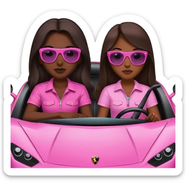 Add sunglasses full car front facing so I can see full car Car facing forward in sports car. Make hair long  two girls in car far away Front of car sitting in the seats. Make it a pink sports car. They are two baddies make it a Lamborghini pink car  sticker