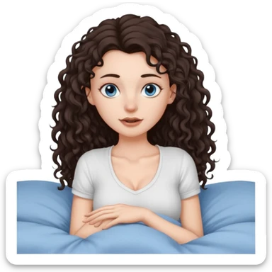 white girl, dark brown long slightly curly hair , skinni but with big breast , septum piercing on nose, beautiful dark gray-blue eyes, showing her foot in bed sticker