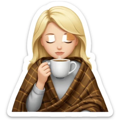 Blonde girl inside a blanket sipping coffee eyes closed sticker