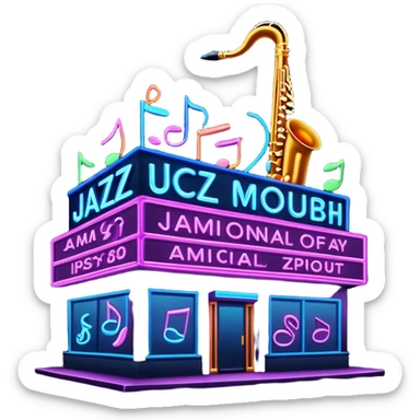 jazz nightclub with neon sign and musical notes on dark background sticker