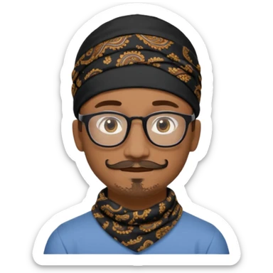 A friendly person with medium-brown skin, large warm brown eyes, thin rectangular glasses, a short mustache and small goatee, wearing a black paisley bandana. Rounded face, calm slight smile. Head-and-shoulders emoji style, bold outlines, simple shapes, bright colors, transparent background. sticker