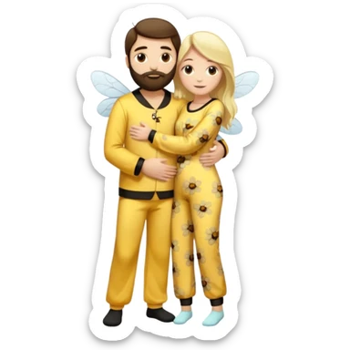  Man long dark brown hair, white skin, medium beard, full body in cute bee pijama hugging a woman with blonde hair in a flower suit  sticker