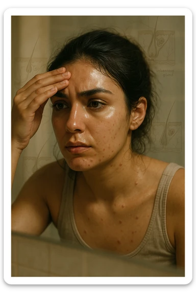 A realistic, cinematic portrait of a young woman in her late 20s with medium skin tone, sitting in front of a mirror in a softly lit bathroom. Her facial skin appears oily with a noticeable shine on her forehead, nose, and cheeks due to overactive sebaceous glands caused by PCOS. Small acne spots are visible along her jawline and chin, highlighting hormonal imbalance. She gently touches her forehead with her fingertips, checking the oiliness with a slightly concerned expression. Her dark hair is tied loosely, showing a few strands sticking to the sides of her face because of excess sebum. Subtle overlays of scientific diagrams of sebaceous glands can be softly blended into the background, symbolizing the overproduction of sebum. The atmosphere is clean and realistic, with warm daylight tones and a soft depth of field, ensuring emotional connection while maintaining medical educational value. 35mm film style, highly detailed skin texture and reflections on the oily areas for a hyperrealistic effect in italiano sticker