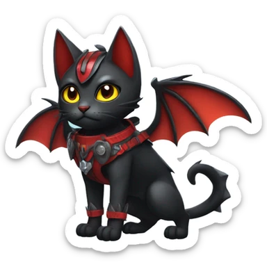Cool Edgy Ethereal Fantasy Litten-Nargacuga-Cat with black bat-wing-ears with a red harness full body sticker