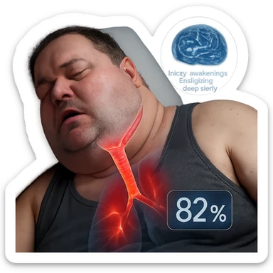 hyper-realistic medical CGI of overweight man sleeping, neck fat compressing airway like a thin straw, trachea walls with red heat map, oxygen at 82%, brain scan overlay with micro-awakenings disrupting deep sleep, 4K, clinical sticker