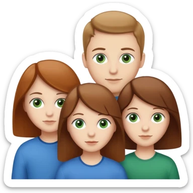 3 white siblings. Sibling 1 - Oldest sibling, white female, with brown hair and green eyes. Sibling 2 - Middle sibling, white male, with brown hair and brown eyes. Sibling 3 - Youngest sibling, white female, with brown hair and Blue eyes. sticker