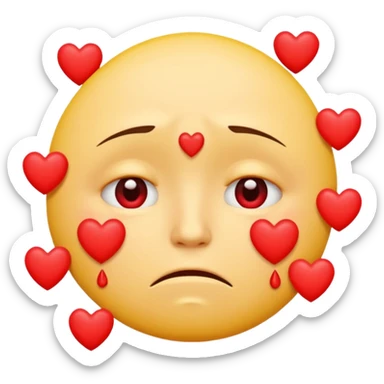 A yellow circular frowning face that is crying tears from its eyes, with a dozen hearts floating from top to bottom in front of it sticker