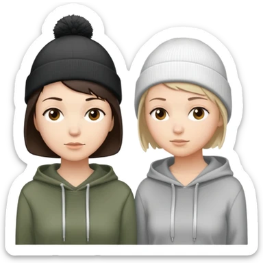 extremely short haired brunette white woman standing face to face with a very short haired brunette haired woman. Both women are wearing beanies and hoodies sticker