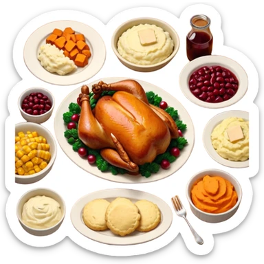 Thanksgiving Dinner with 6 friends of all different races around the table; have the food be a cooked turkey, mashed potatoes, corn, a basket of biscuits, a small bowl of cranberry sauce, baked yams, steamed vegetables, and a bottle of wine. sticker