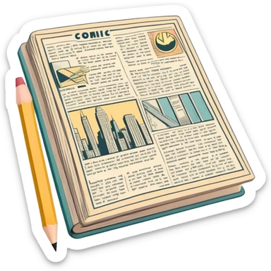 Create a detailed emoji representing the process of writing texts for comic books. The design should feature a large, open comic book with vintage comic strips visible on its pages. A pencil should be shown writing text on one of the comic panels, but without a hand. The pencil should appear as though it is actively creating the dialogue or narration. Use a classic color palette with muted tones for the comic book and brighter accents on the pencil to draw attention to the writing process. Do not include any emojis or smiley faces. Make the background transparent. sticker