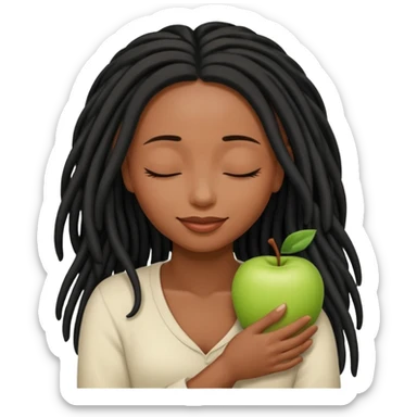 Soft feminine emoji with deep brown skin (Apple’s darkest), long black locs, eyes closed, gently cradling locs. Rounded, simple features, subtle smile. Clean, minimal Apple-style vector art, transparent background. sticker
