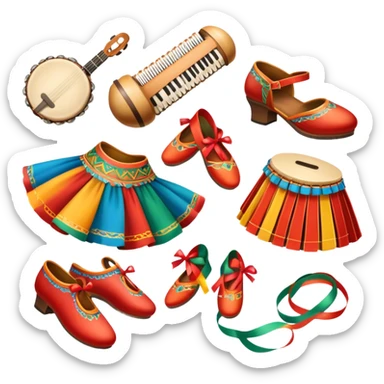 Humanless Icon for Folk Dance: close-up traditional dance shoes, colorful folk costumes, and a dance circle with ribbons and musical instruments like a tambourine or accordion. The icon should represent the vibrant and cultural aspects of folk dancing. Transparent background. sticker