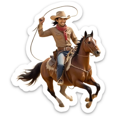 clash-of-clans-aesthetic_-cinematic-playful-cowboy-portrait-emoji, head-tilted with a roguish, cheeky grin and twinkling eyes, featuring a wide-brimmed cowboy hat and a weathered bandana on tan skin, riding a powerful galloping horse with dynamic flowing mane, reins gripped firmly in one hand and a lasso in the other, as dust swirls behind them in a vast desert landscape. sticker