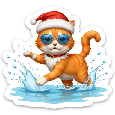 Cat with sunglasses and Santa claus running in the lake  sticker