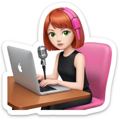 Cool Redhead Bob with fringe with green eyes sat at desk with pink MacBook and  podcast microphone black top and pink chair  sticker