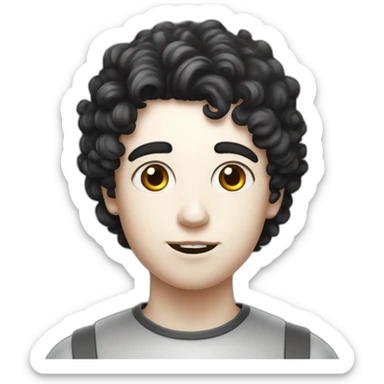 A side-portrait from the shoulders up of a pasty white teenage boy with dark black curly hair holding a chalice of milk sticker