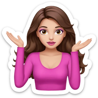 girl with long wavy brown hair, brown eyes, long lashes makeup, sexy pink lips, light to medium complexion, pink sexy top, two hand up shrugging sticker