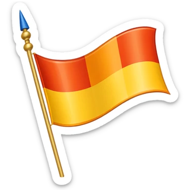 flag of Funland, horizontal tricolor with green top, blue middle, red bottom, two orange diagonal lines from top left to bottom right, one orange diagonal line from top right to bottom left forming an X, yellow circle in the center sticker