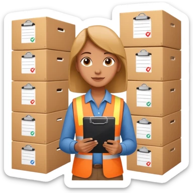 A person holding a clipboard with checklist marks next to stacked boxes, indicating stock or inventory management. sticker