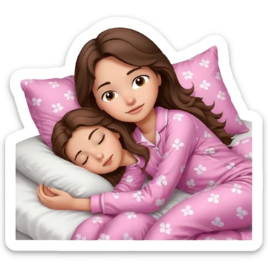 Brunette girl with long wavy brown hair with brown eyes and sleeping on a withe bed with cute pink pjs sticker